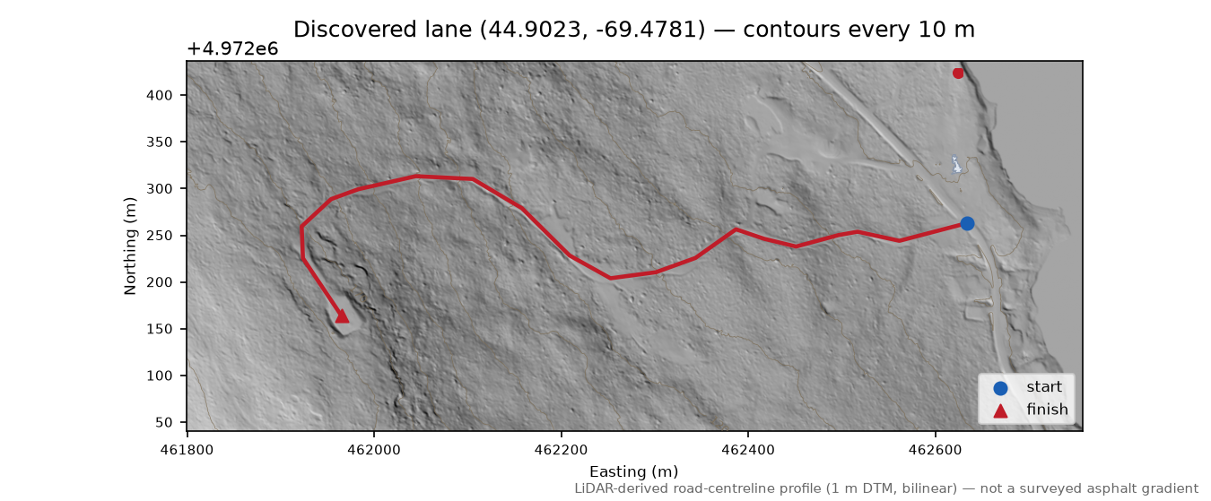 Discovered lane (44.9023, -69.4781) LiDAR hillshade map with contours
