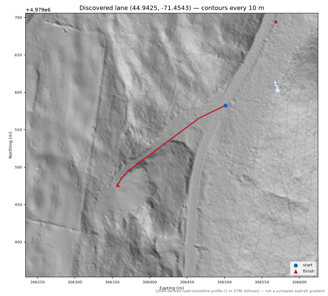 Discovered lane (44.9425, -71.4543) LiDAR hillshade map with contours