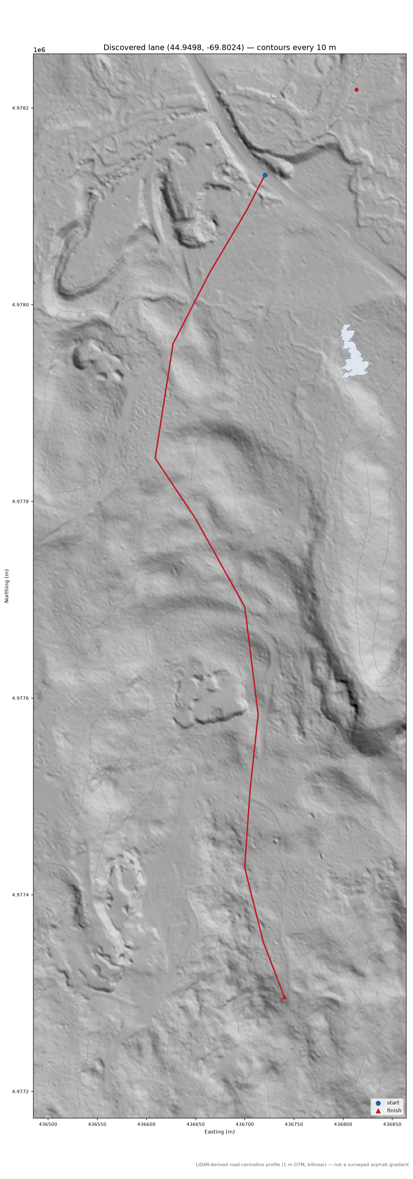 Discovered lane (44.9498, -69.8024) LiDAR hillshade map with contours