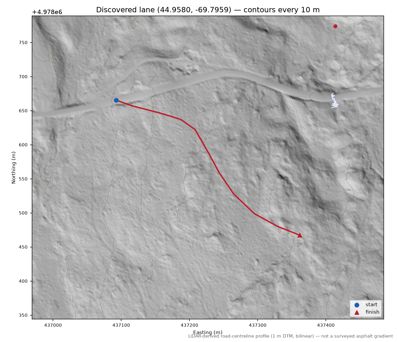 Discovered lane (44.9580, -69.7959) LiDAR hillshade map with contours