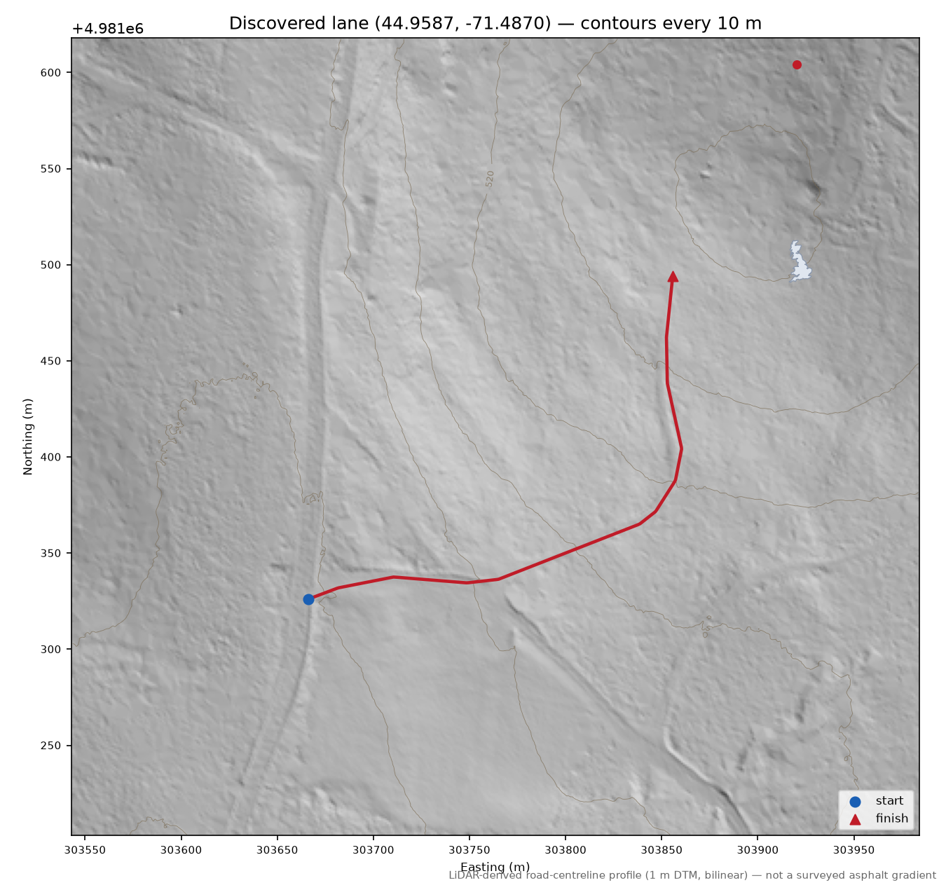 Discovered lane (44.9587, -71.4870) LiDAR hillshade map with contours