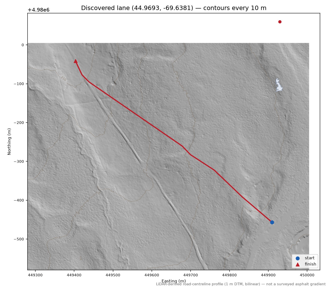 Discovered lane (44.9693, -69.6381) LiDAR hillshade map with contours