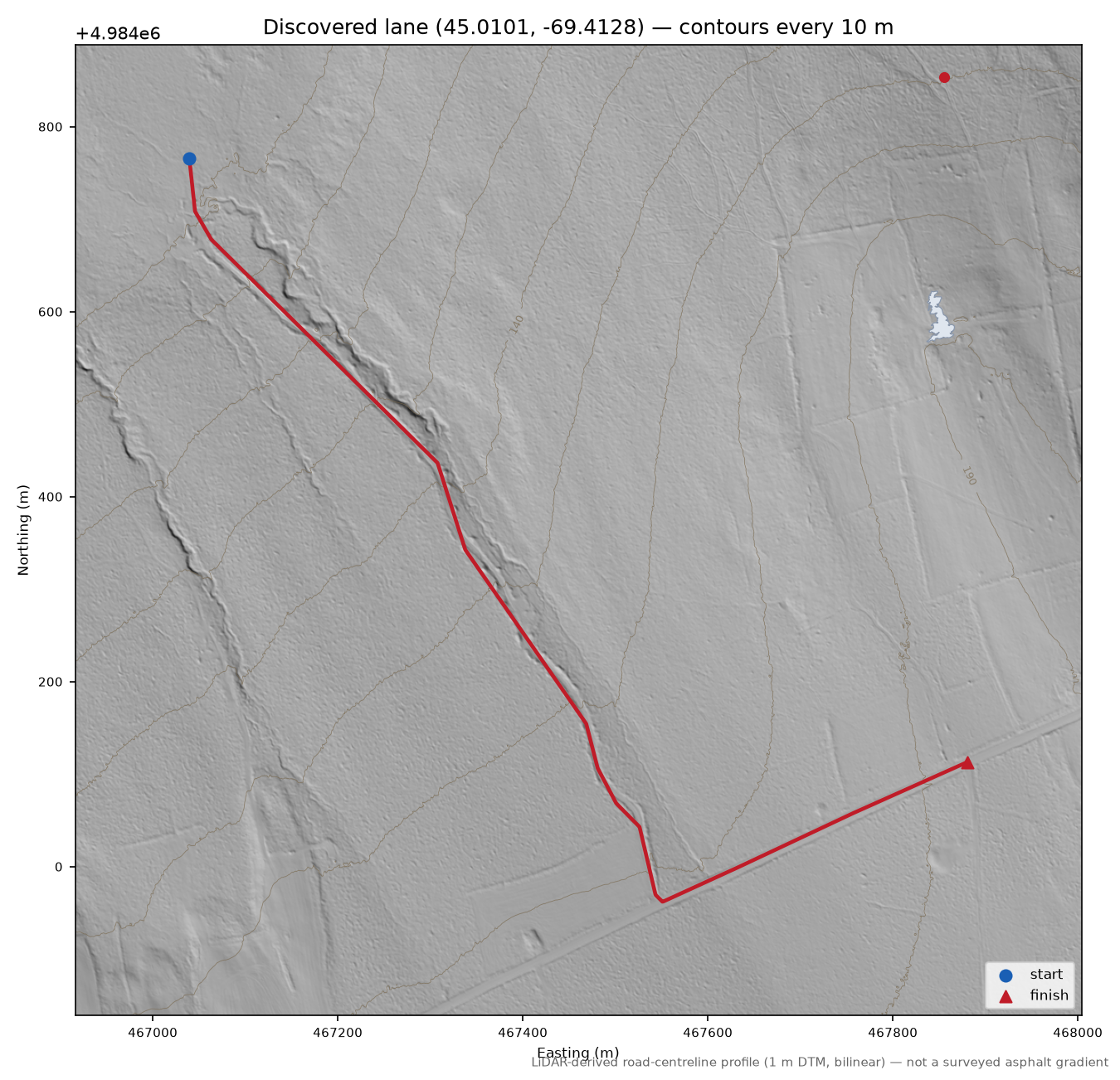 Discovered lane (45.0101, -69.4128) LiDAR hillshade map with contours