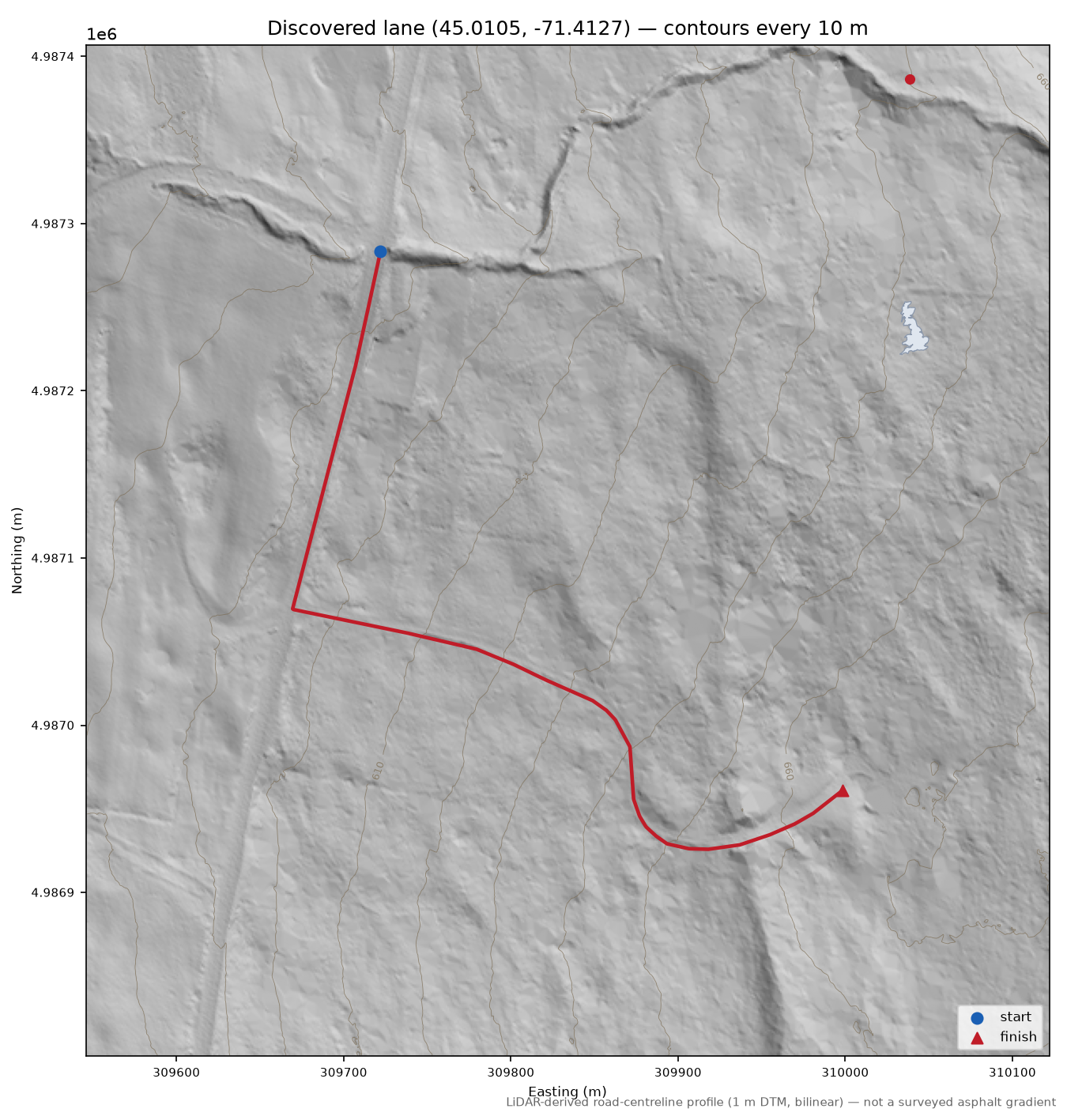 Discovered lane (45.0105, -71.4127) LiDAR hillshade map with contours