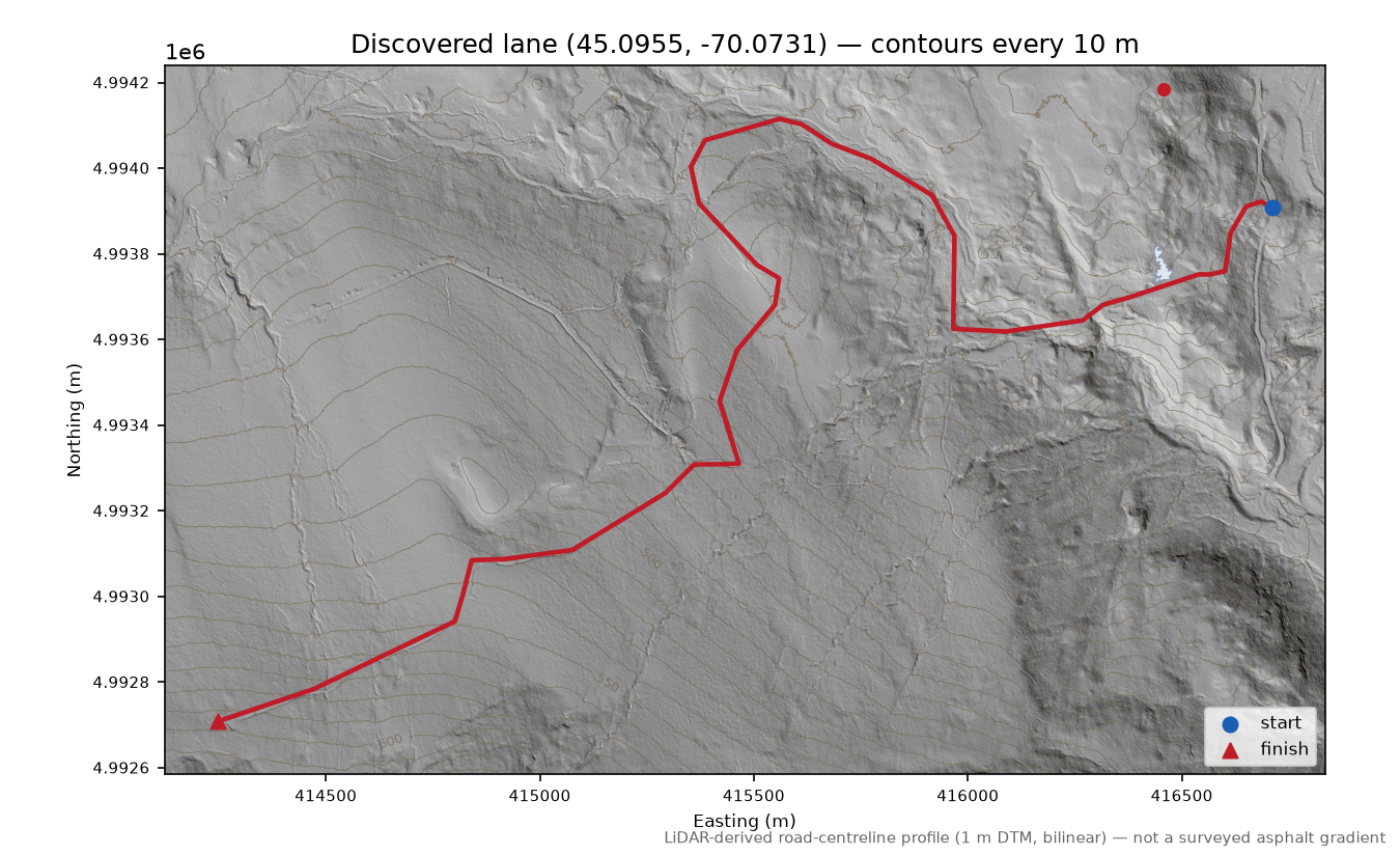 Discovered lane (45.0955, -70.0731) LiDAR hillshade map with contours