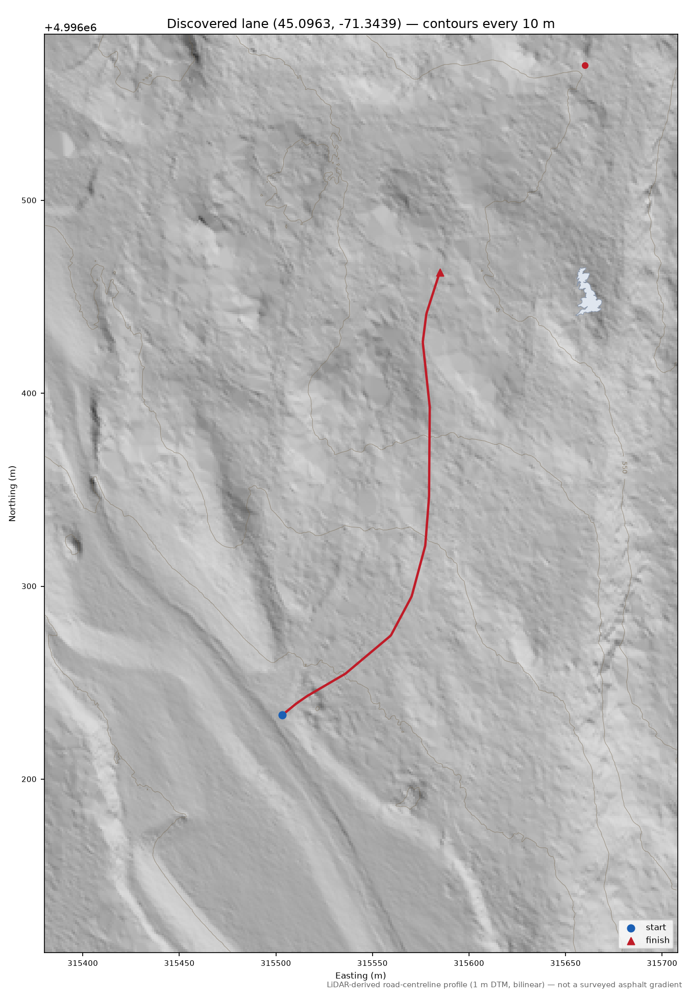 Discovered lane (45.0963, -71.3439) LiDAR hillshade map with contours