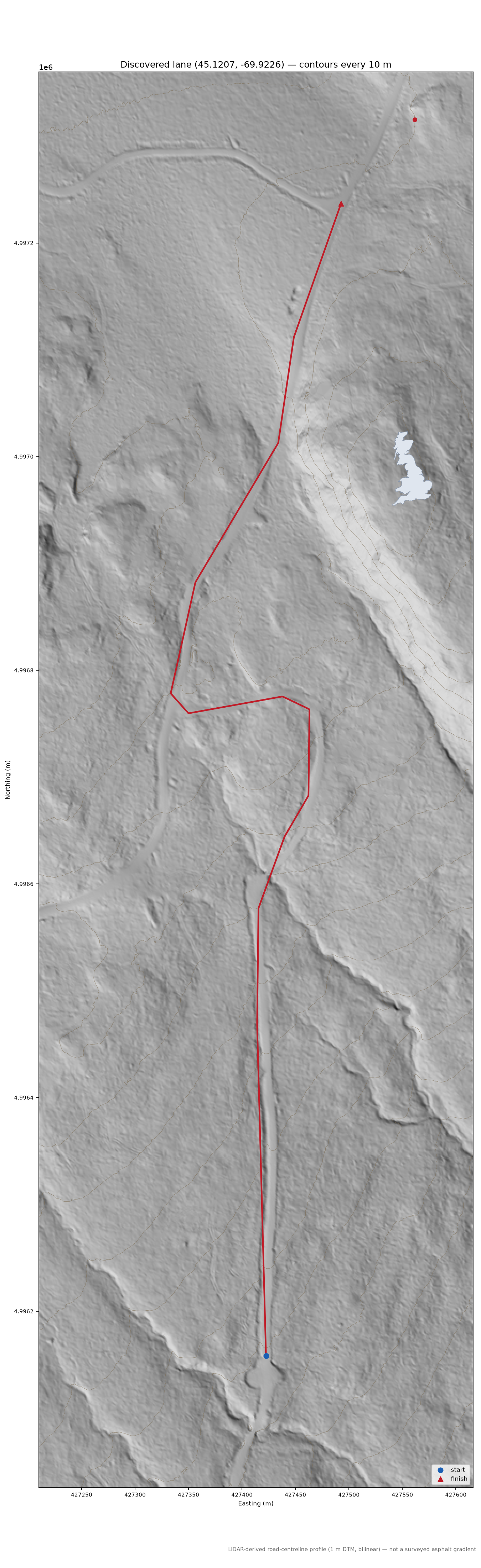 Discovered lane (45.1207, -69.9226) LiDAR hillshade map with contours