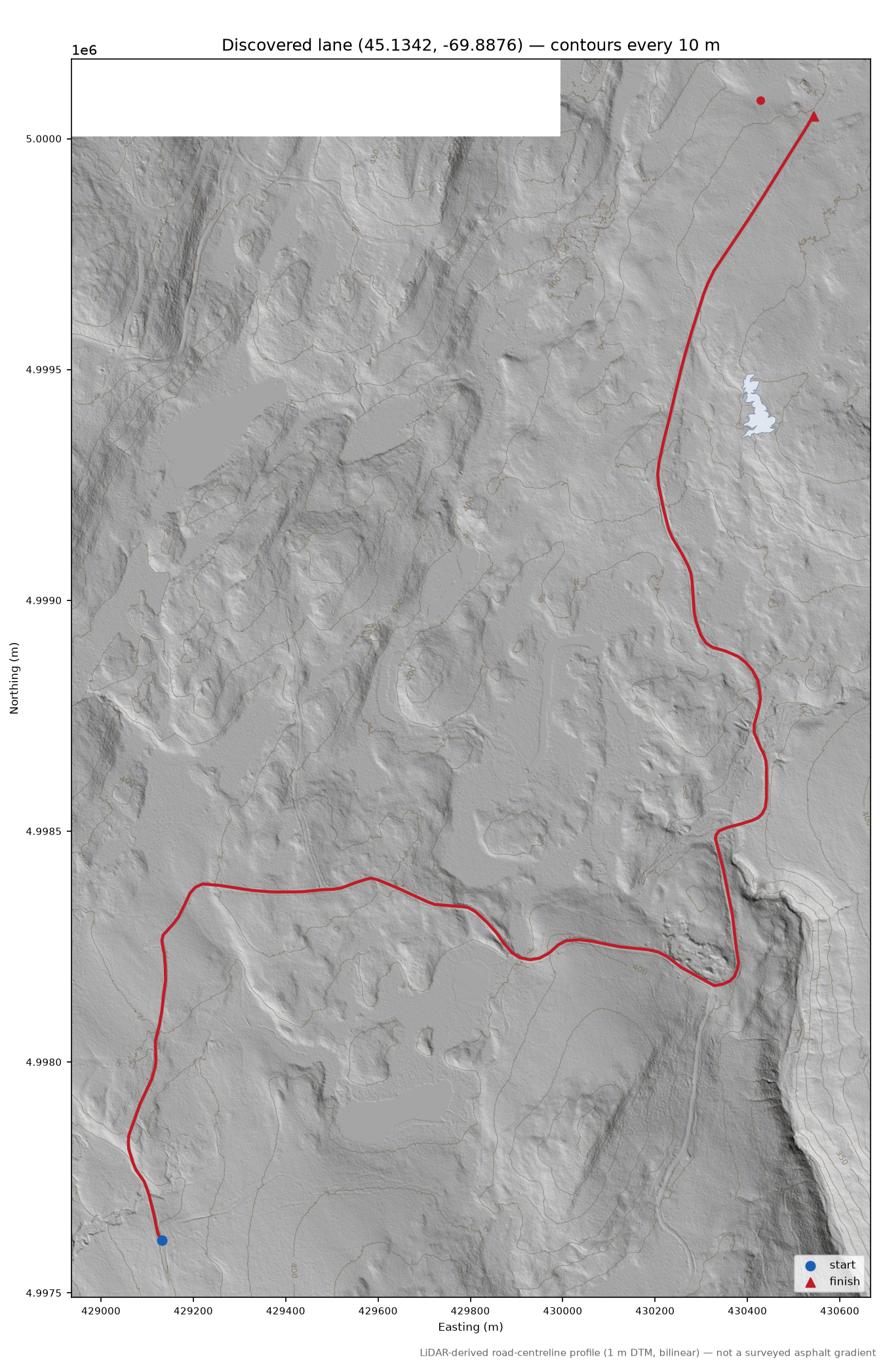 Discovered lane (45.1342, -69.8876) LiDAR hillshade map with contours