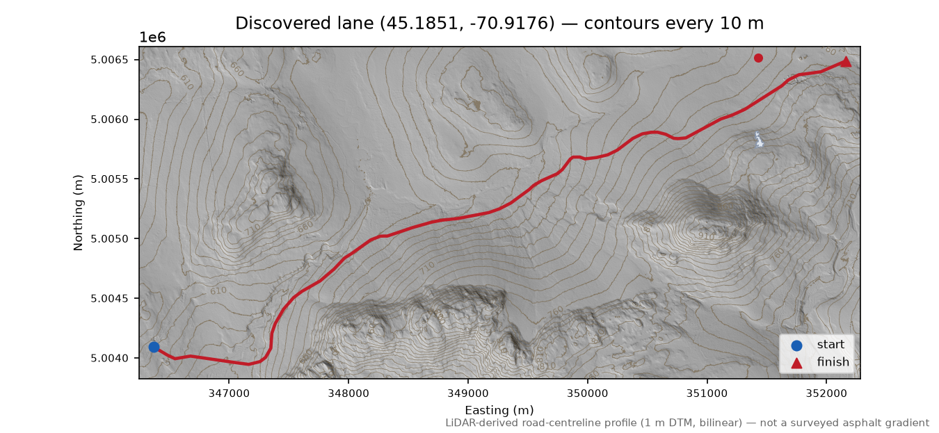 Discovered lane (45.1851, -70.9176) LiDAR hillshade map with contours