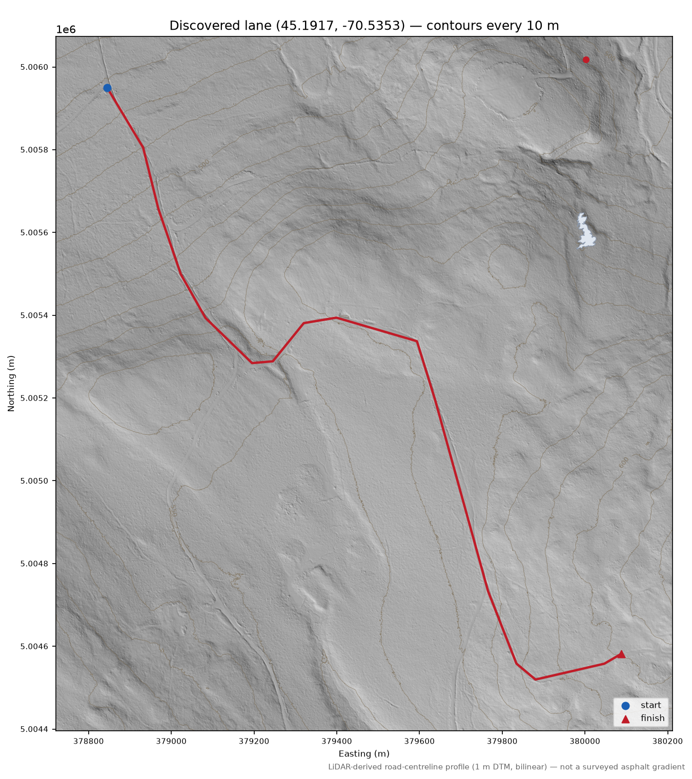 Discovered lane (45.1917, -70.5353) LiDAR hillshade map with contours
