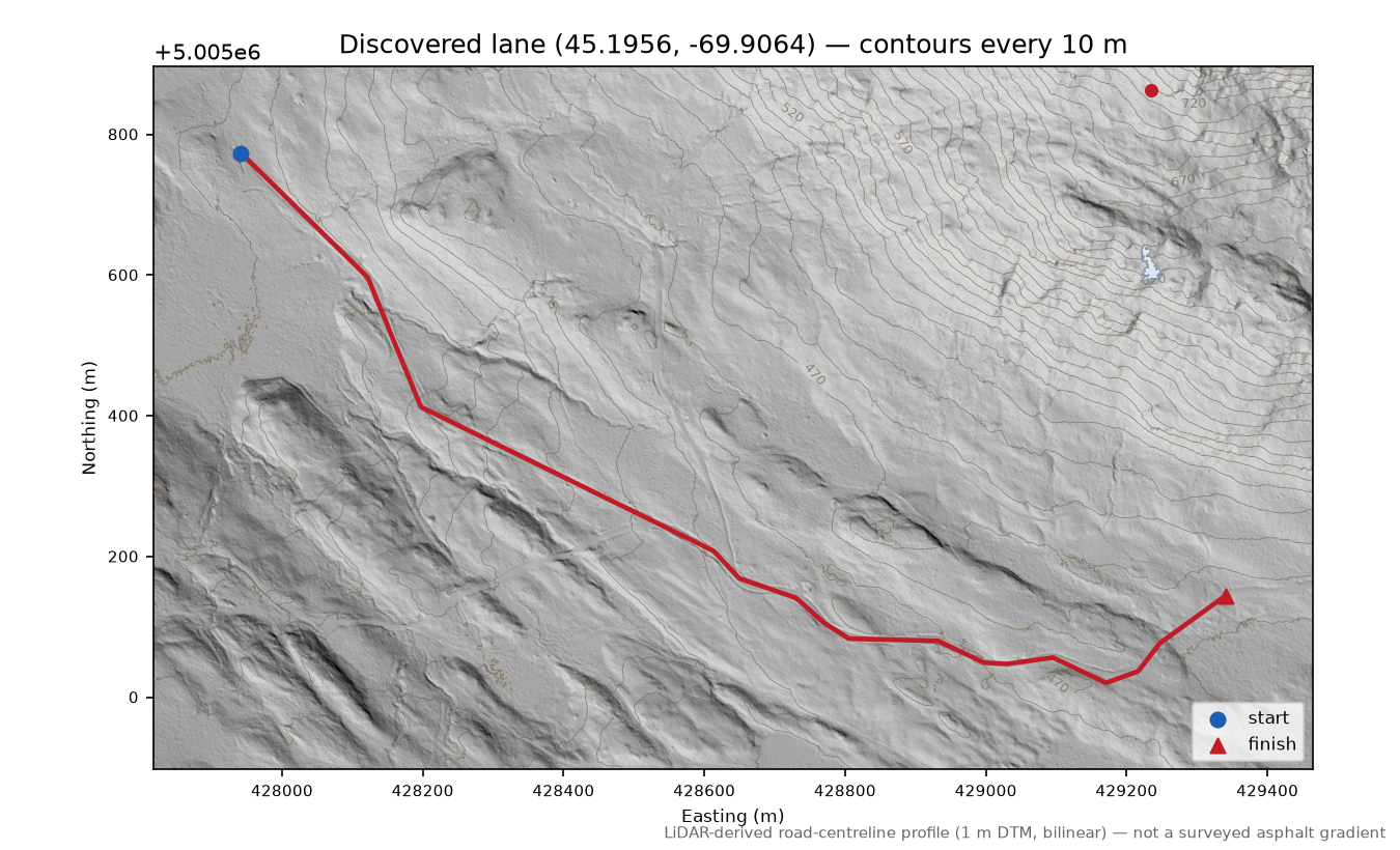 Discovered lane (45.1956, -69.9064) LiDAR hillshade map with contours