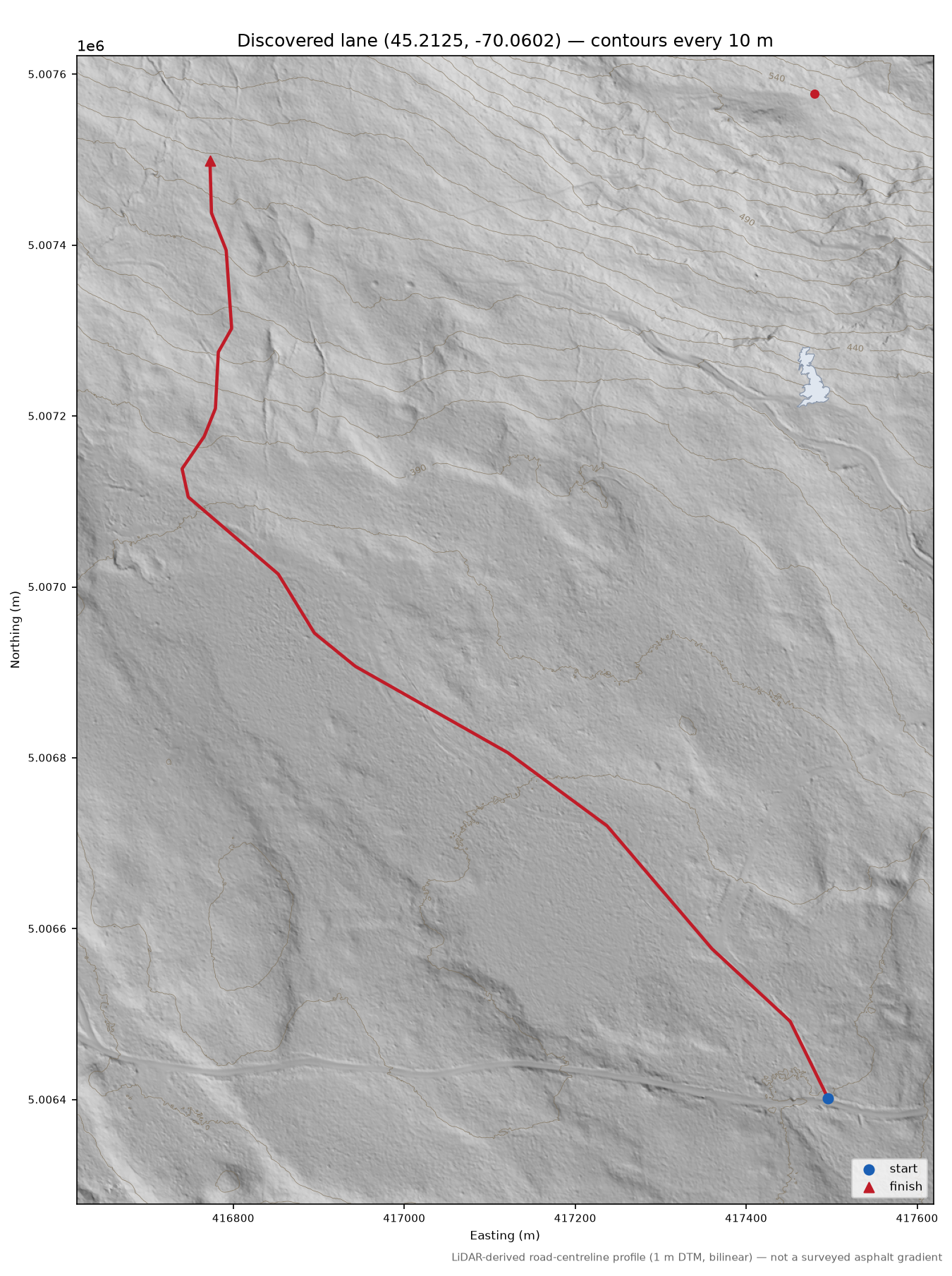 Discovered lane (45.2125, -70.0602) LiDAR hillshade map with contours