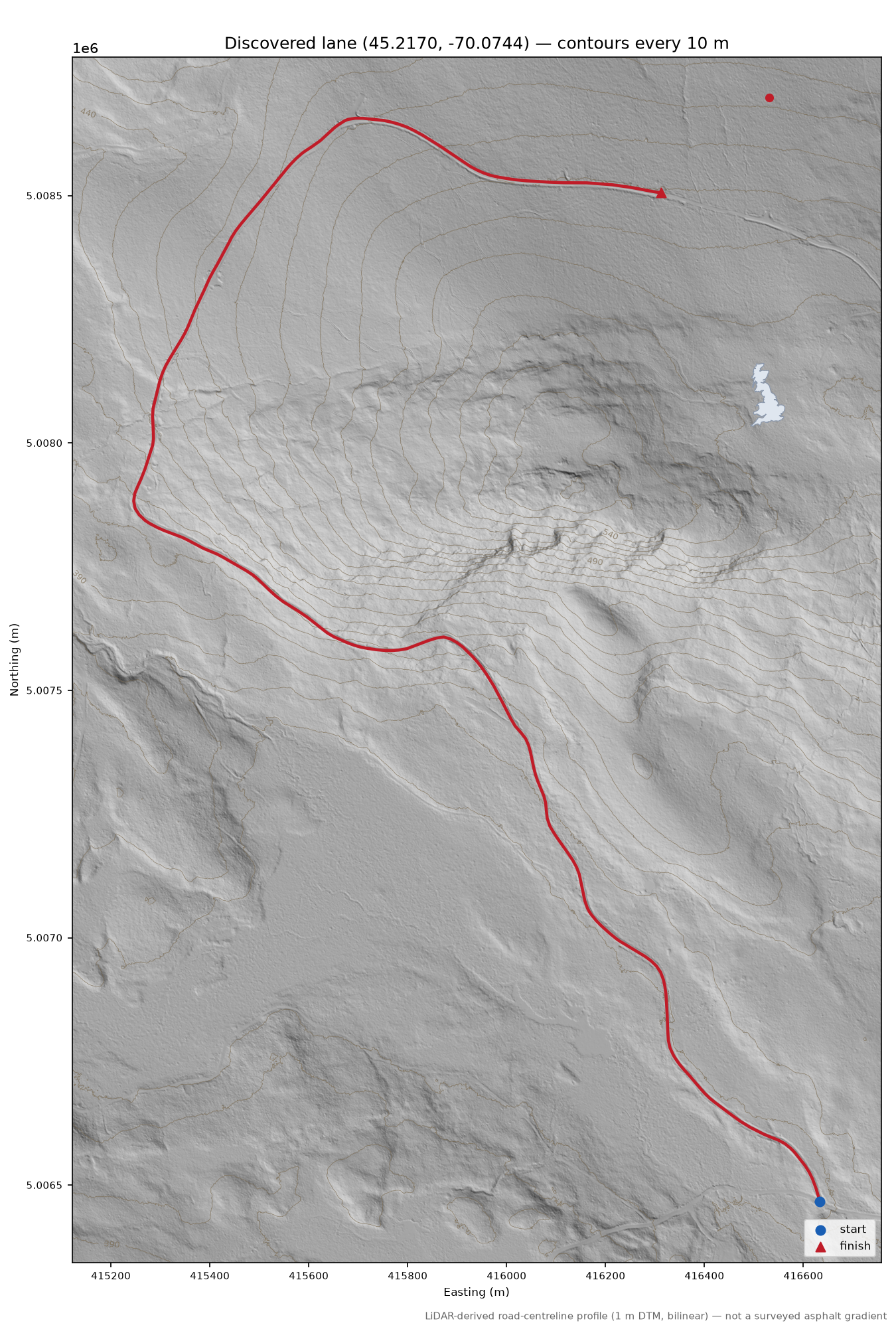 Discovered lane (45.2170, -70.0744) LiDAR hillshade map with contours