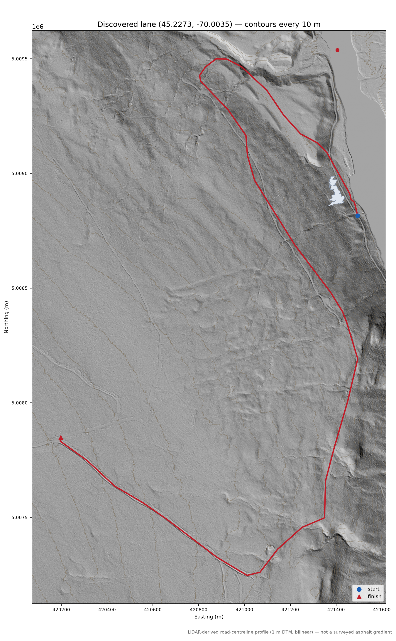 Discovered lane (45.2273, -70.0035) LiDAR hillshade map with contours