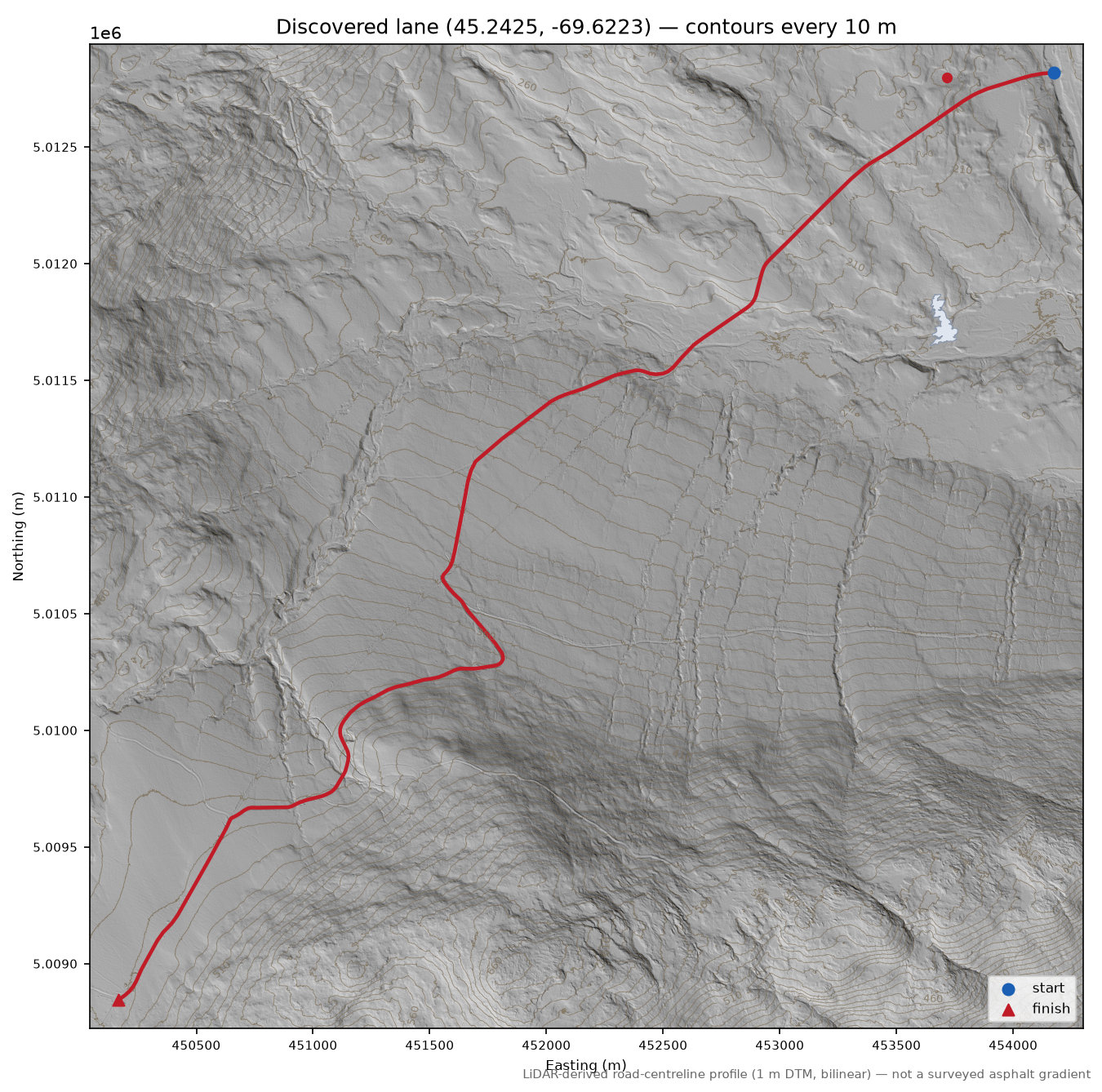 Discovered lane (45.2425, -69.6223) LiDAR hillshade map with contours