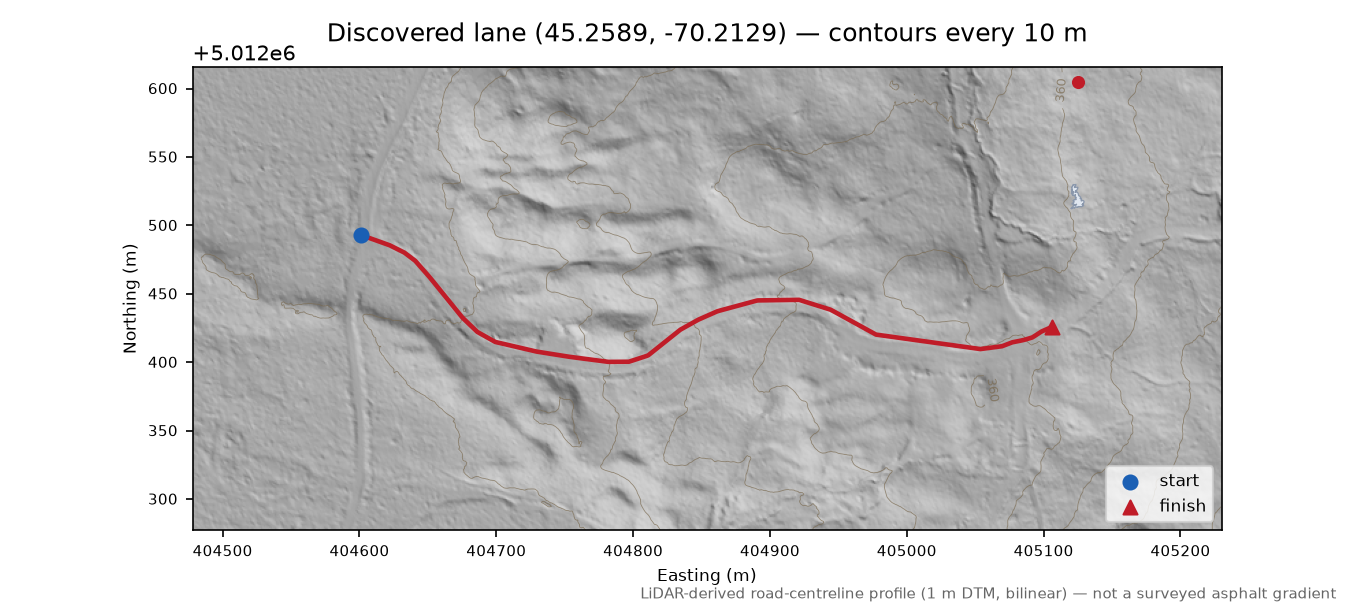 Discovered lane (45.2589, -70.2129) LiDAR hillshade map with contours