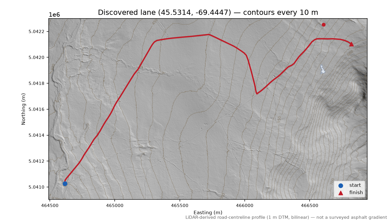 Discovered lane (45.5314, -69.4447) LiDAR hillshade map with contours