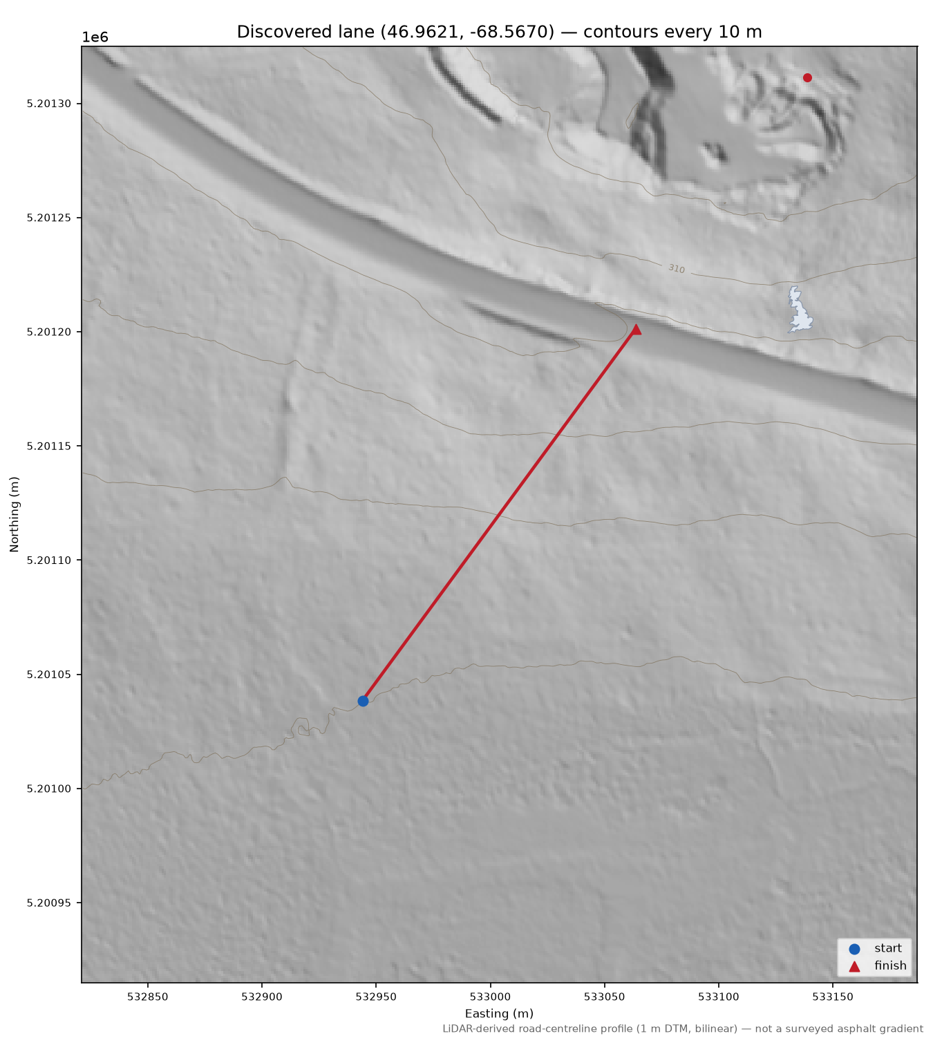 Discovered lane (46.9621, -68.5670) LiDAR hillshade map with contours