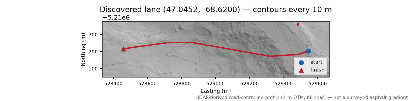 Discovered lane (47.0452, -68.6200) LiDAR hillshade map with contours