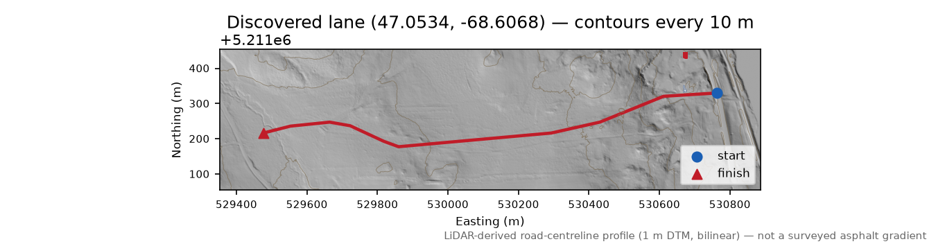 Discovered lane (47.0534, -68.6068) LiDAR hillshade map with contours