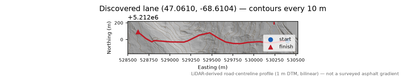 Discovered lane (47.0610, -68.6104) LiDAR hillshade map with contours