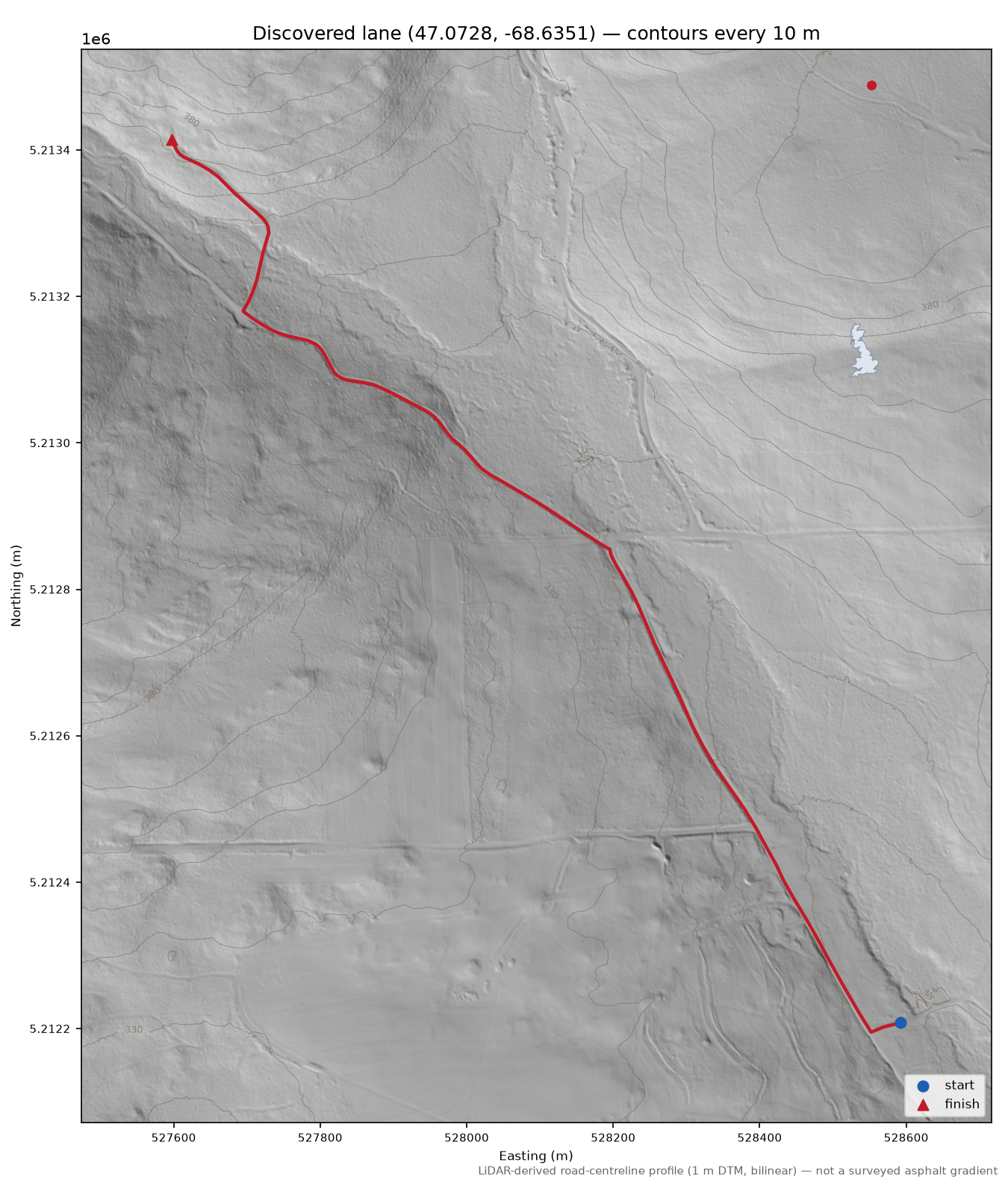 Discovered lane (47.0728, -68.6351) LiDAR hillshade map with contours
