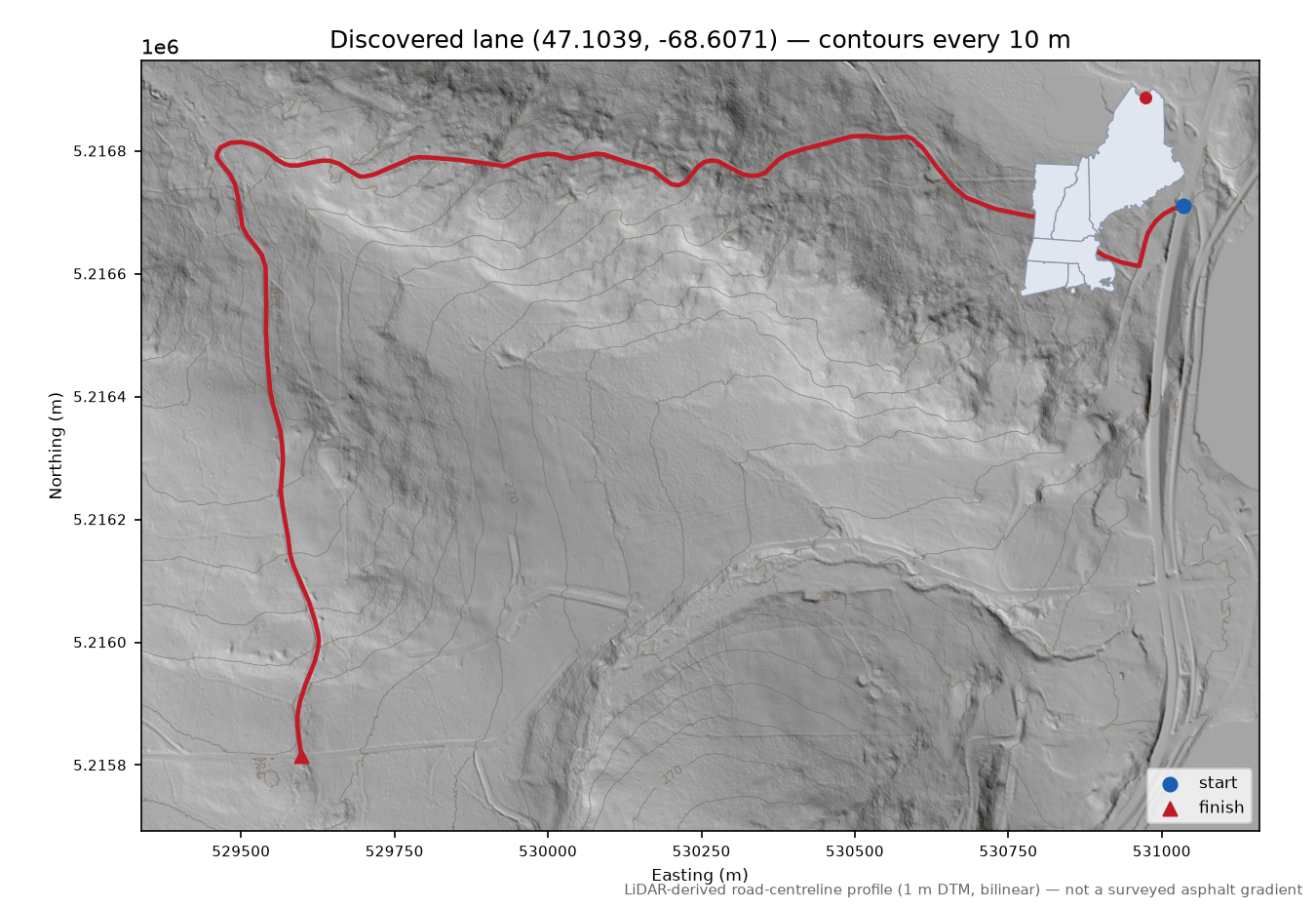 Discovered lane (47.1039, -68.6071) LiDAR hillshade map with contours