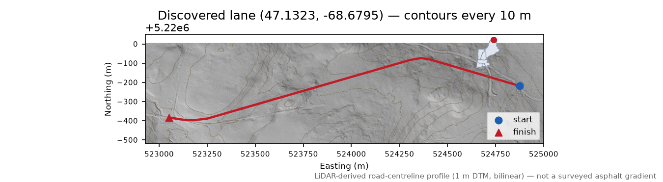 Discovered lane (47.1323, -68.6795) LiDAR hillshade map with contours