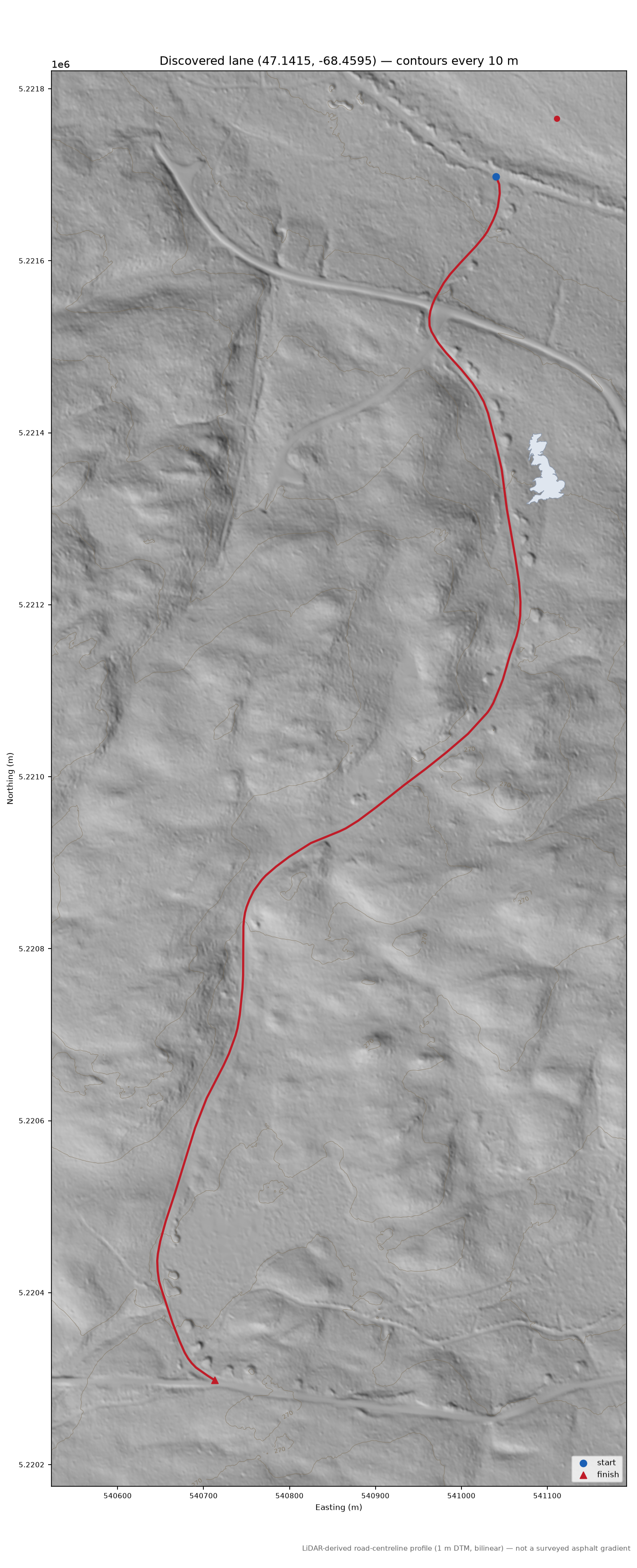 Discovered lane (47.1415, -68.4595) LiDAR hillshade map with contours
