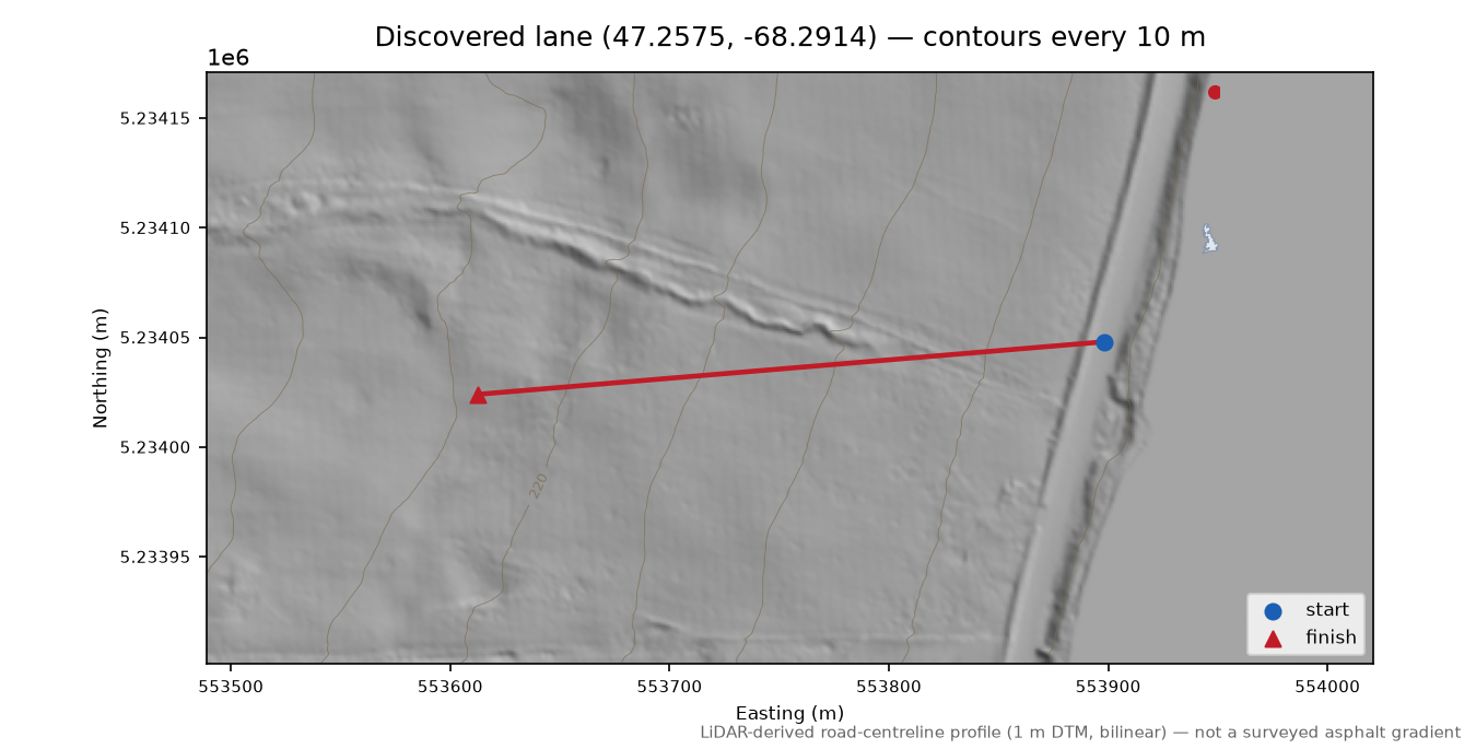 Discovered lane (47.2575, -68.2914) LiDAR hillshade map with contours