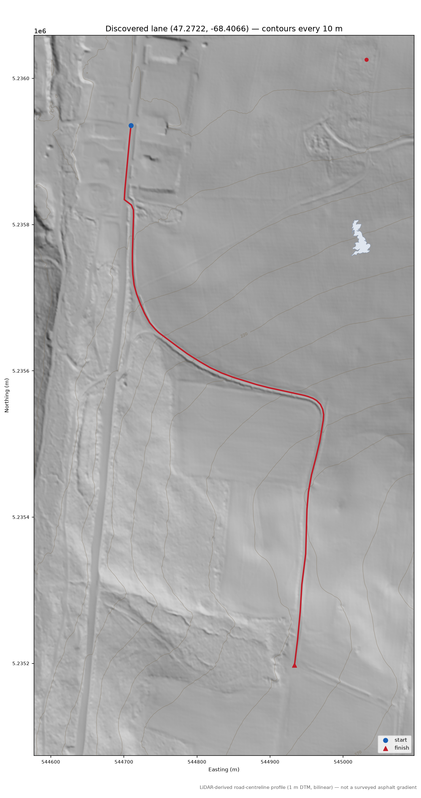 Discovered lane (47.2722, -68.4066) LiDAR hillshade map with contours