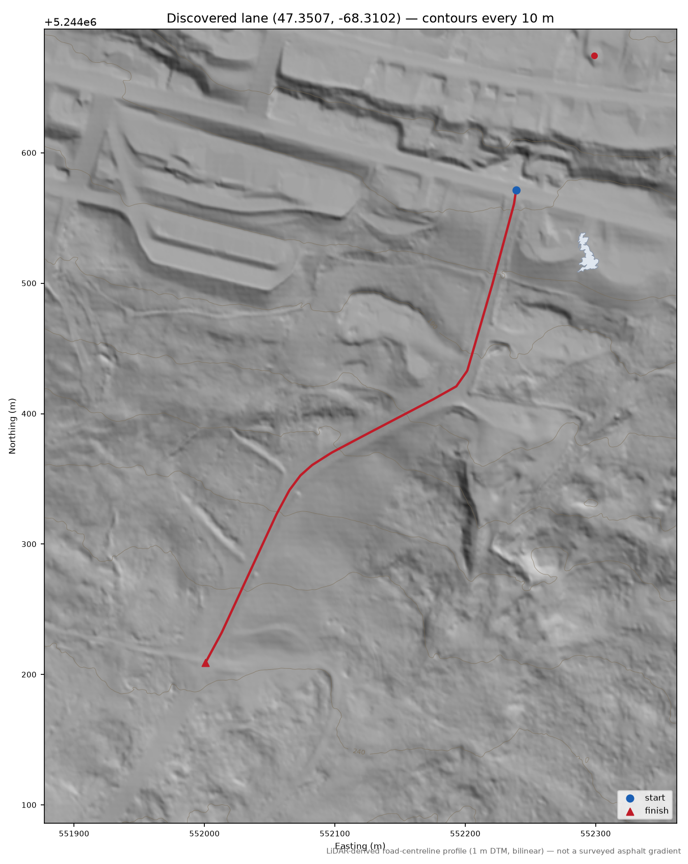 Discovered lane (47.3507, -68.3102) LiDAR hillshade map with contours
