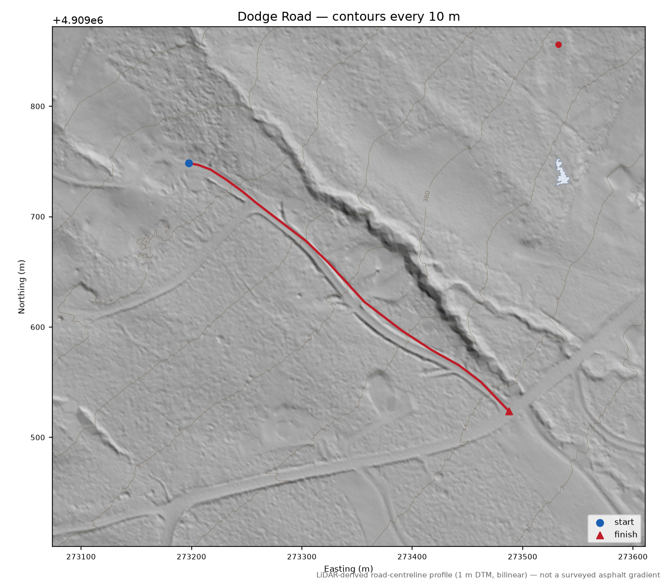 Dodge Road LiDAR hillshade map with contours