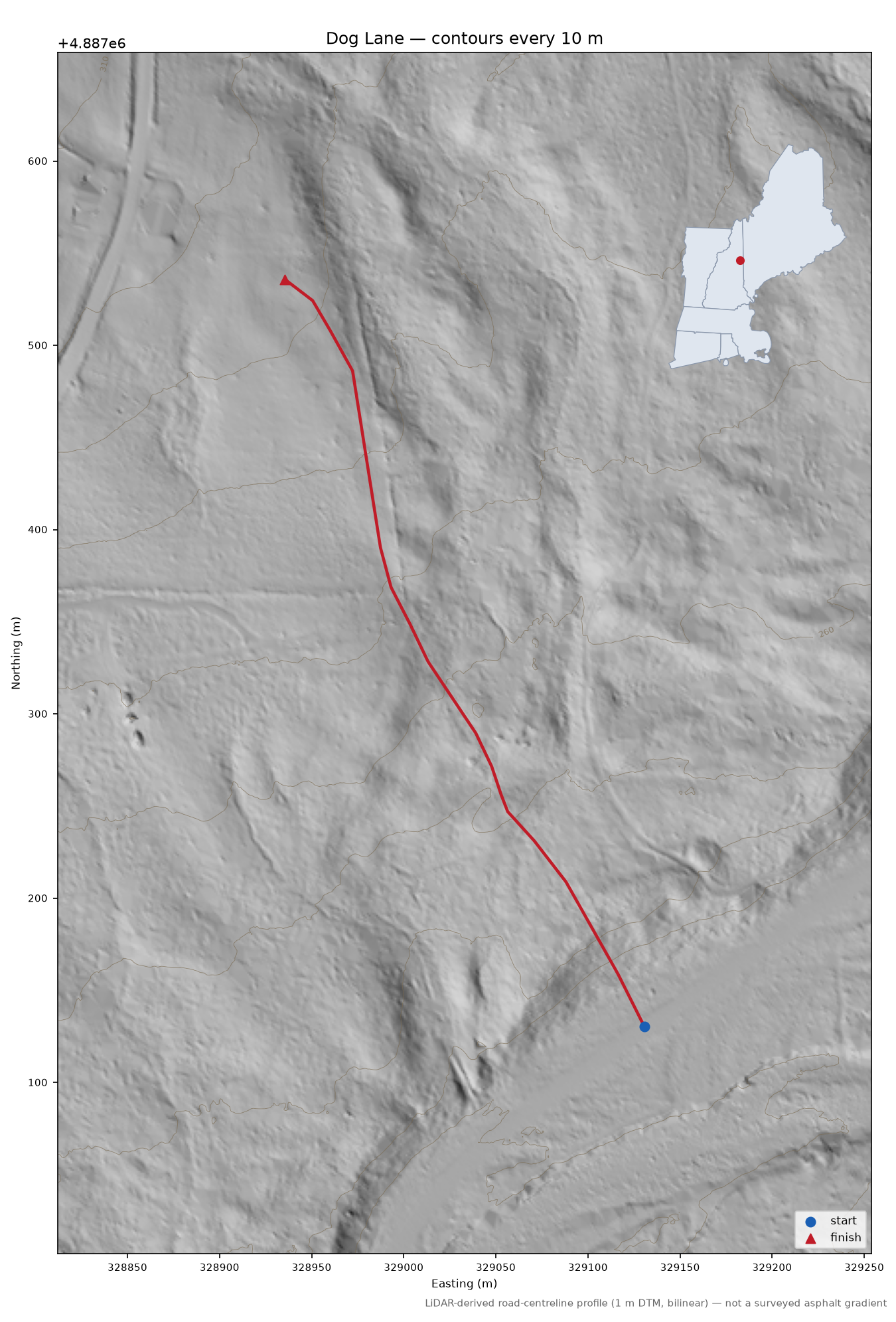Dog Lane LiDAR hillshade map with contours