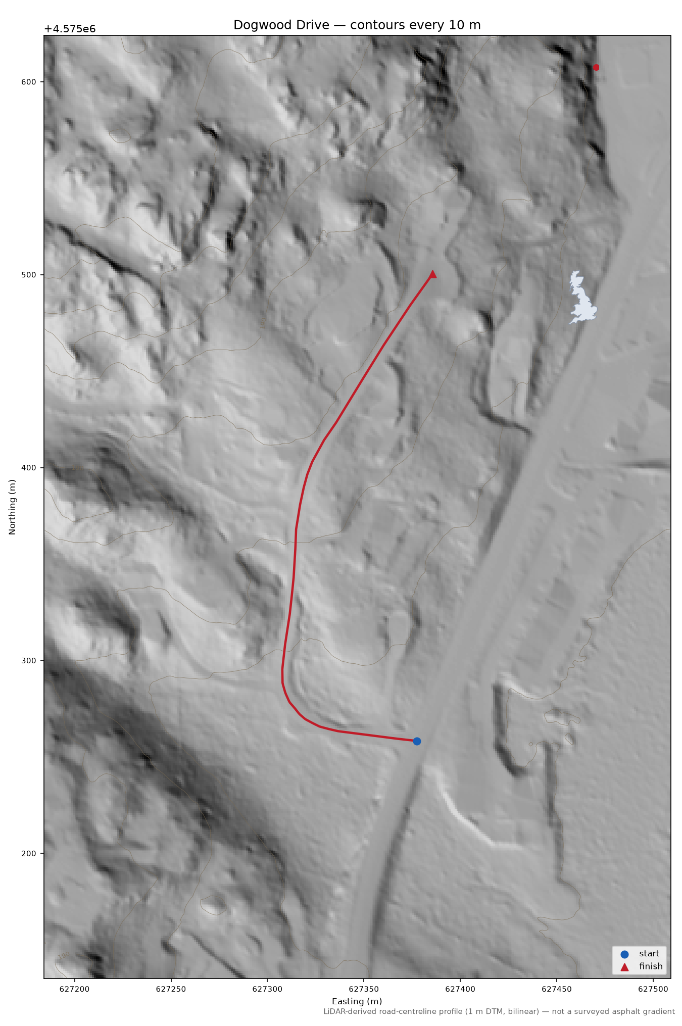 Dogwood Drive LiDAR hillshade map with contours