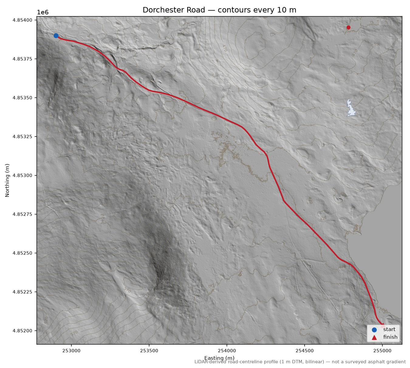 Dorchester Road LiDAR hillshade map with contours