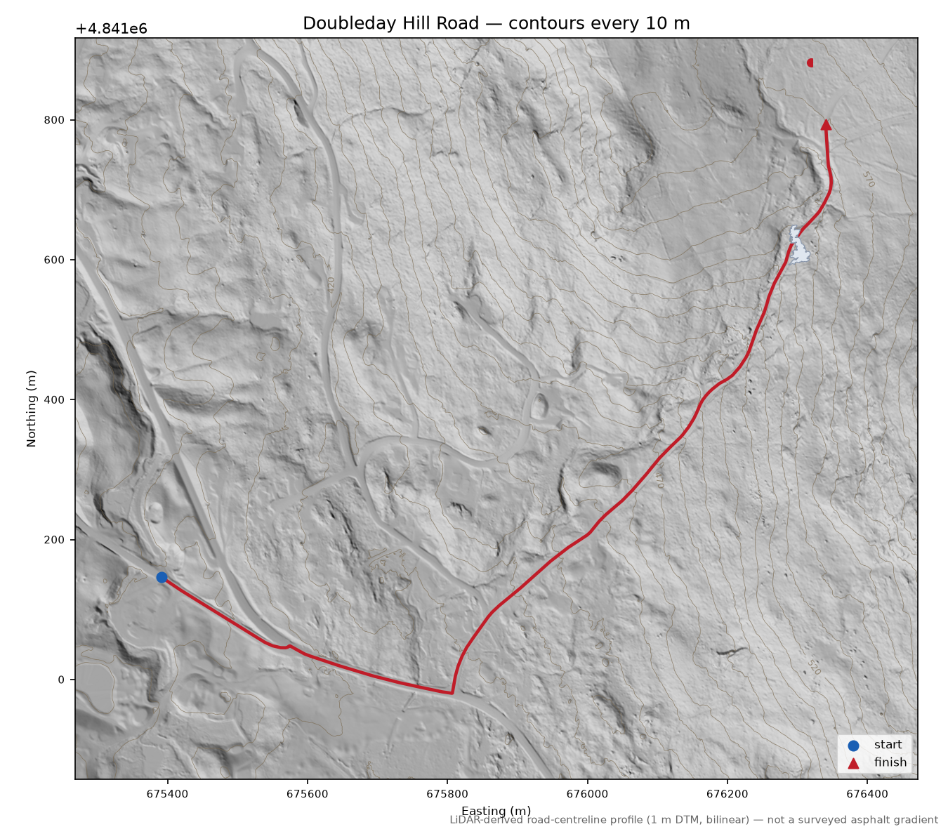 Doubleday Hill Road LiDAR hillshade map with contours