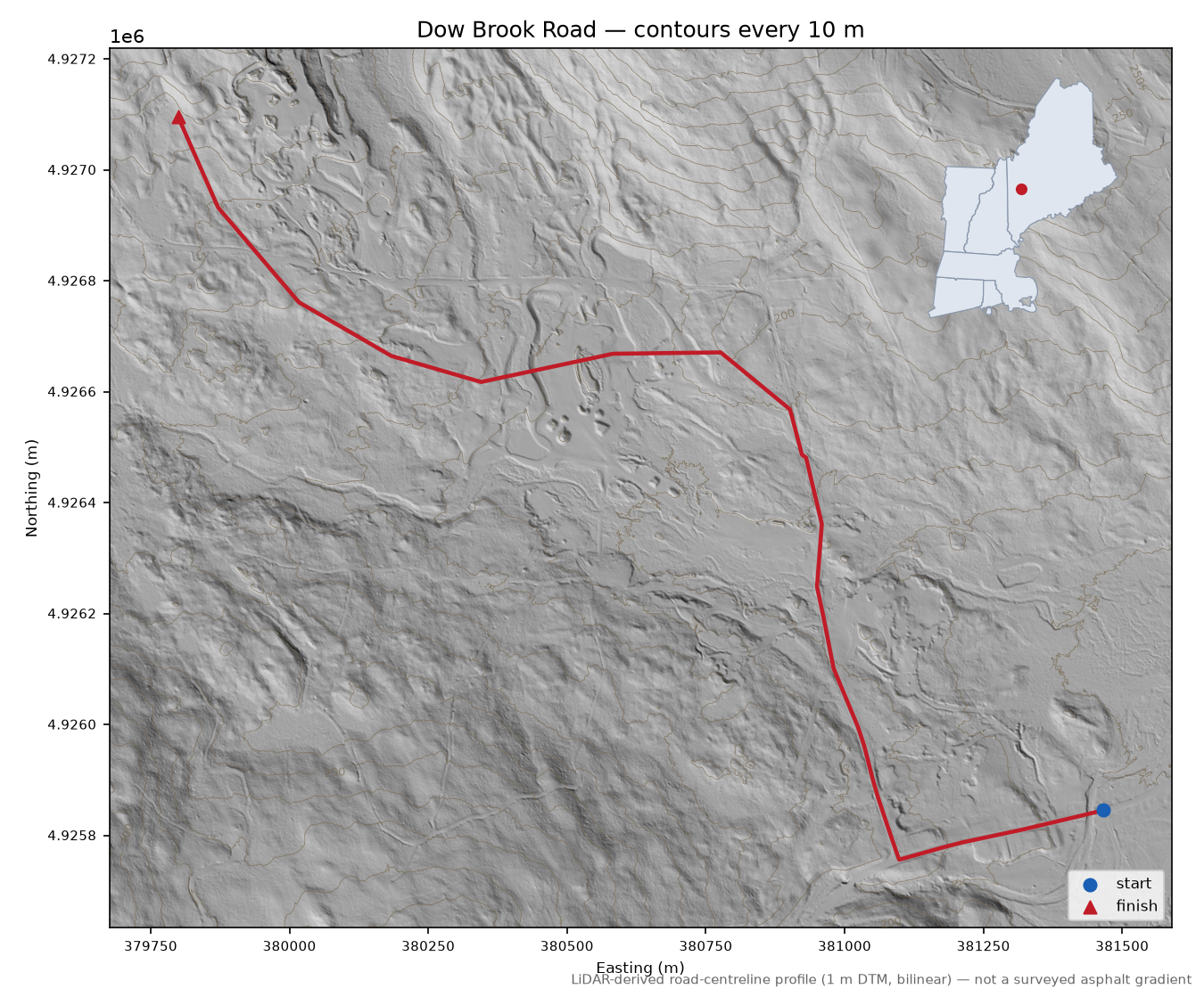 Dow Brook Road LiDAR hillshade map with contours