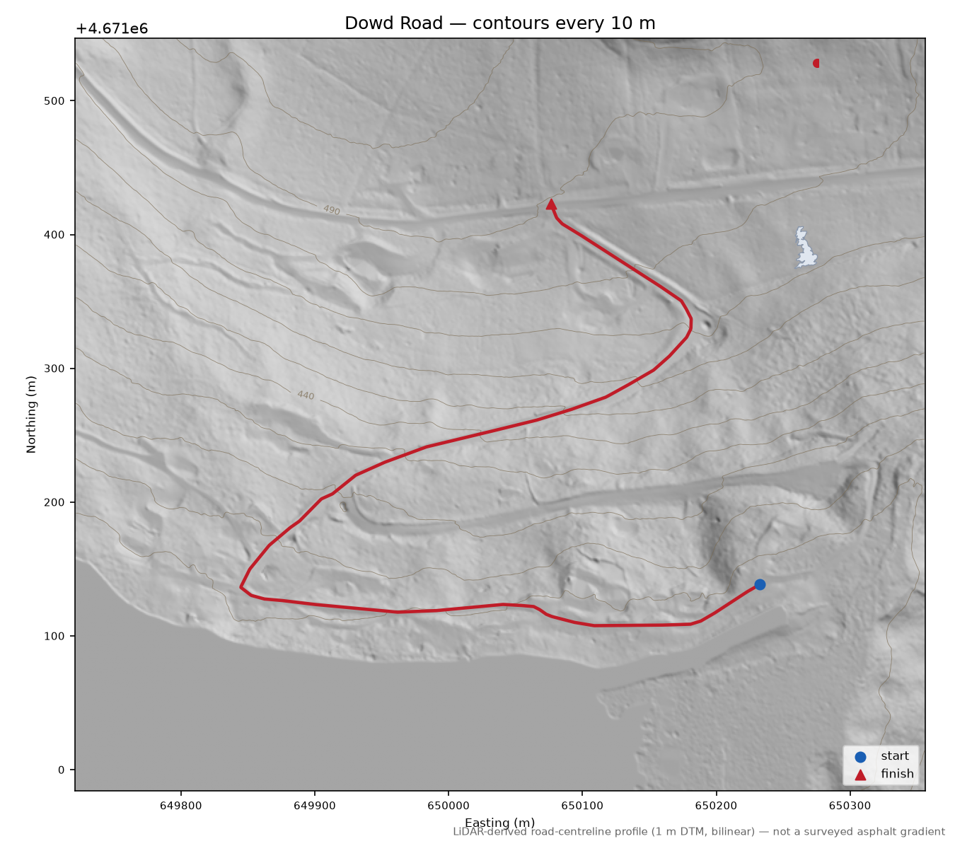 Dowd Road LiDAR hillshade map with contours