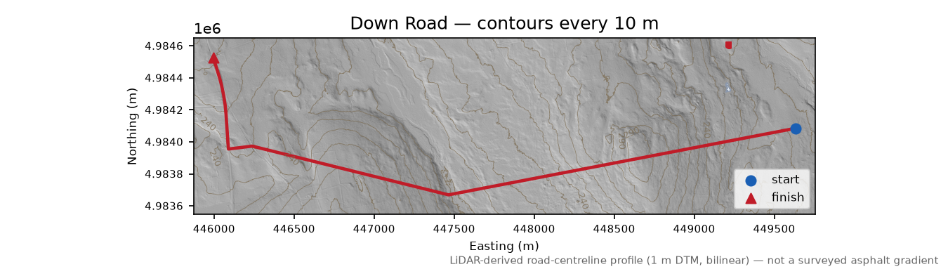 Down Road LiDAR hillshade map with contours