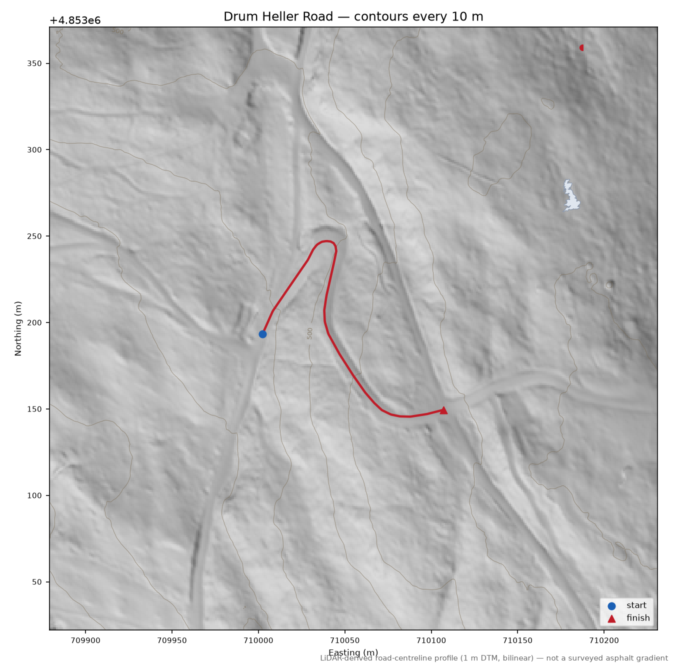 Drum Heller Road LiDAR hillshade map with contours