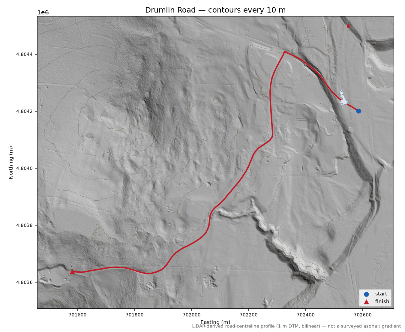 Drumlin Road LiDAR hillshade map with contours