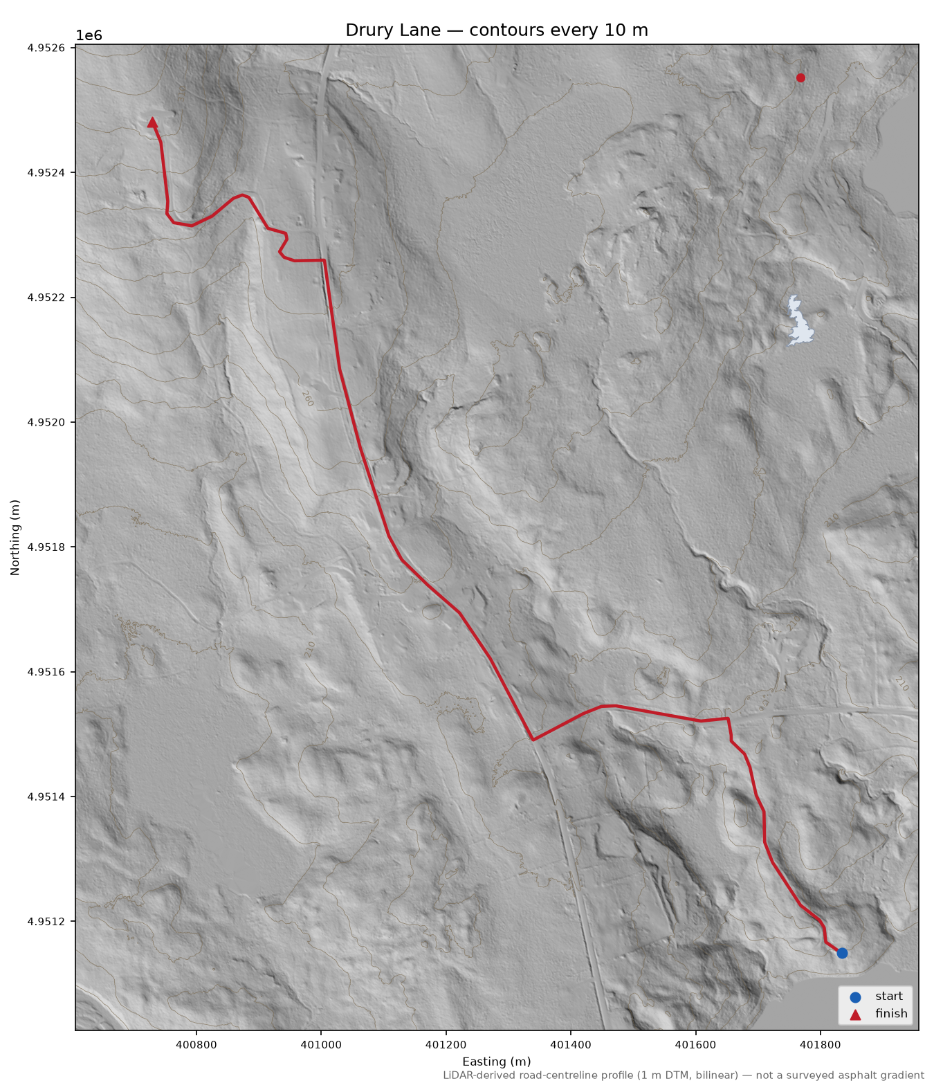Drury Lane LiDAR hillshade map with contours