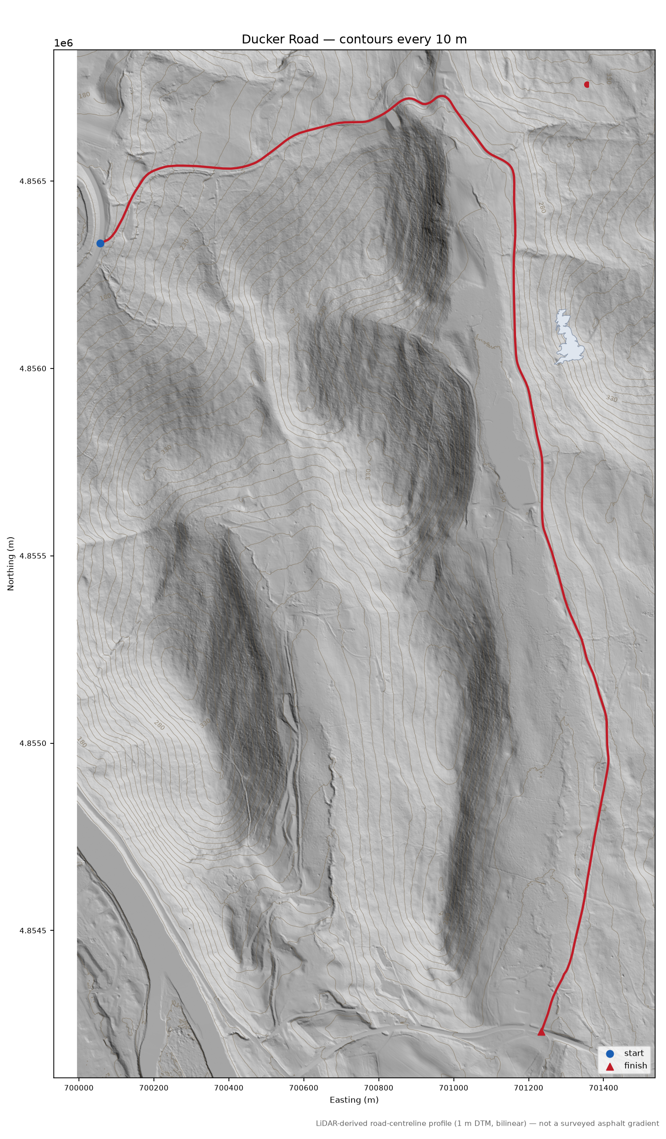 Ducker Road LiDAR hillshade map with contours