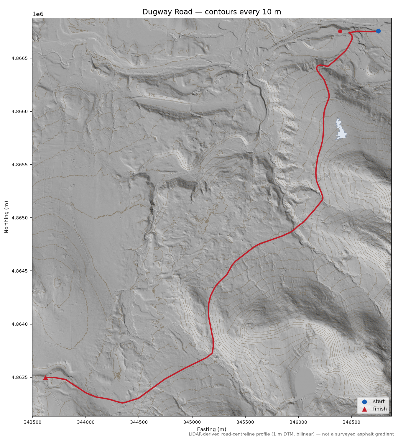 Dugway Road LiDAR hillshade map with contours