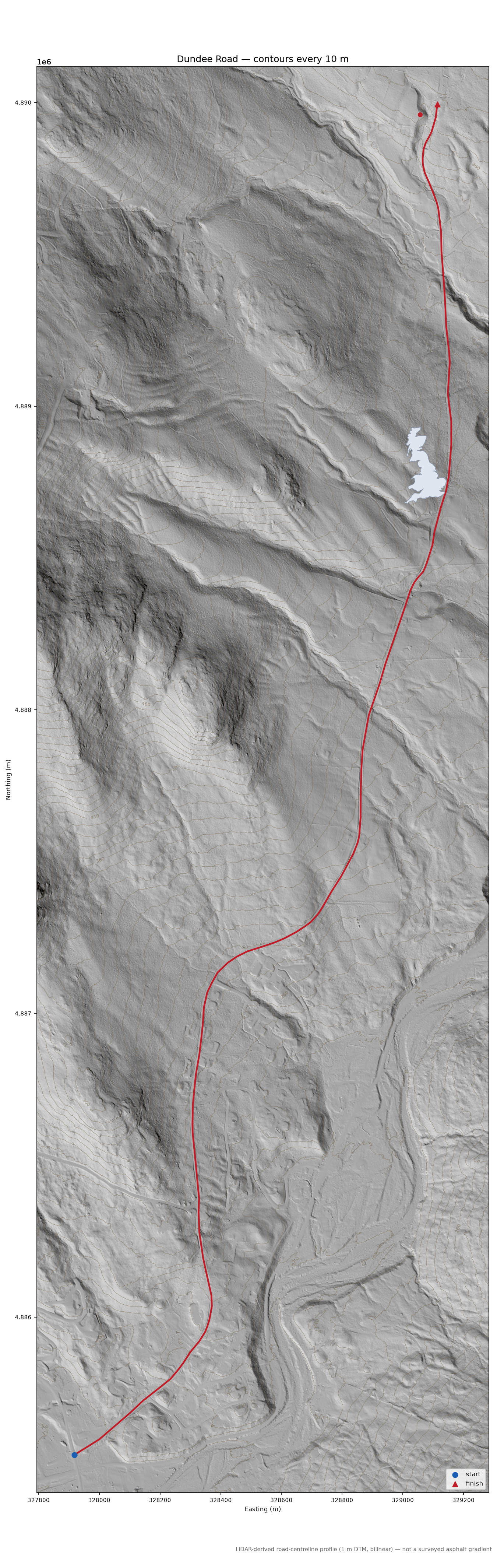 Dundee Road LiDAR hillshade map with contours