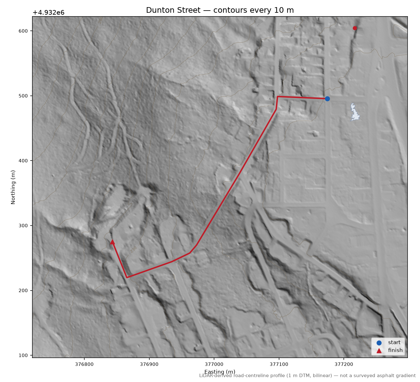 Dunton Street LiDAR hillshade map with contours