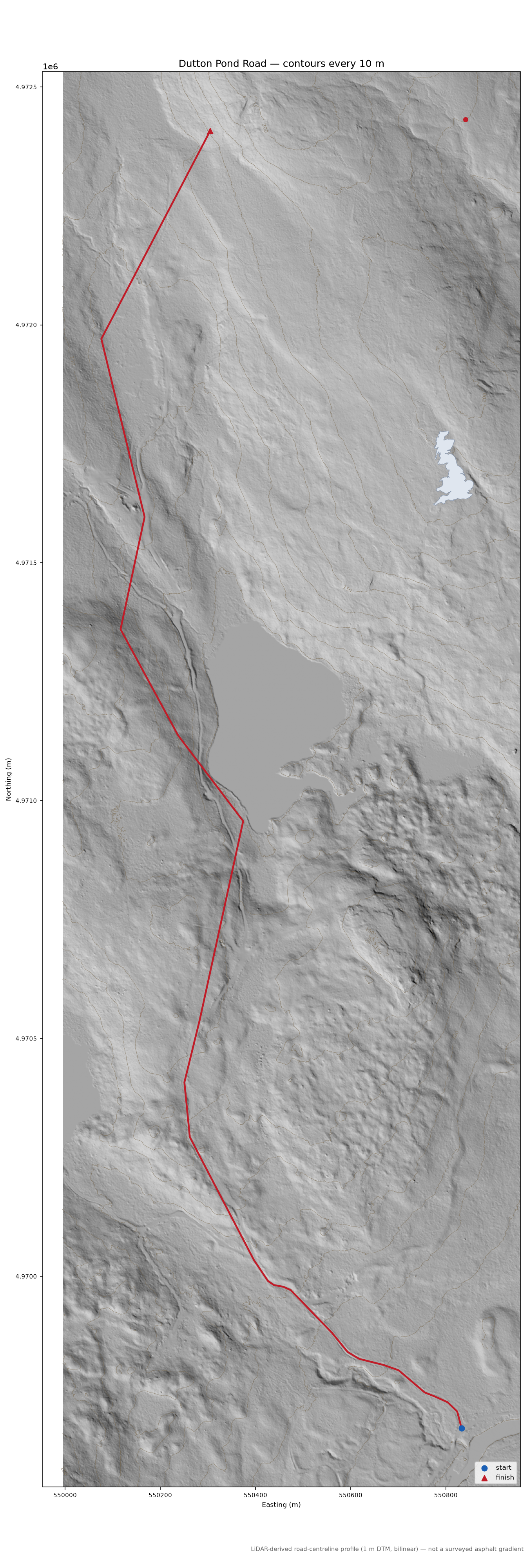 Dutton Pond Road LiDAR hillshade map with contours
