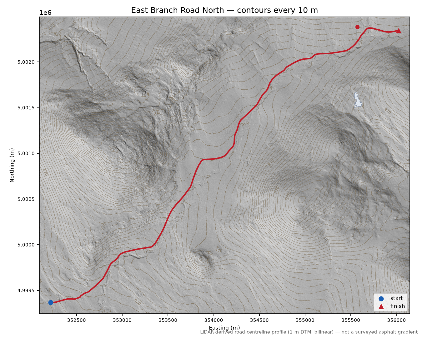 East Branch Road North LiDAR hillshade map with contours
