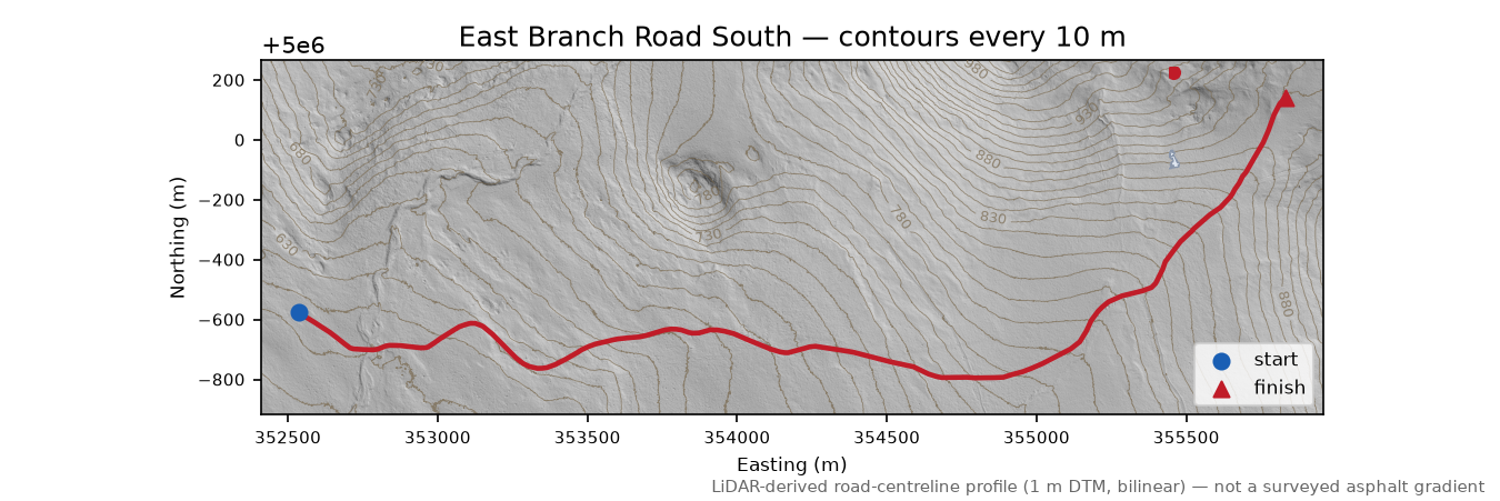 East Branch Road South LiDAR hillshade map with contours
